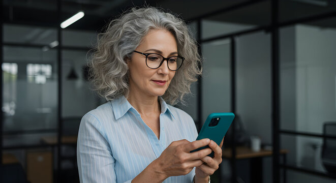 Confident mature businesswoman using smartphone in modern office professional communication technology digital marketing corporate success networking entrepreneur work life balance - Powered by Adobe