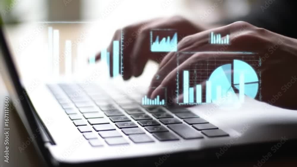 Poster close up of hands typing on laptop displaying blue data graphics overlays