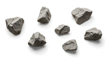 Flat lay rugged mountain rocks with sharp textures and cracks isolated on clean white background