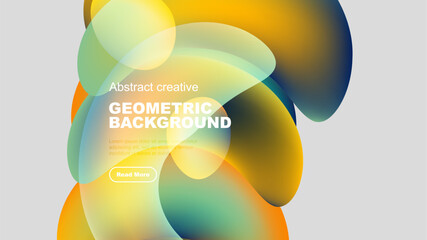 Abstract shapes overlap, creating vibrant colorful background. Text promotes further exploration, simple design.