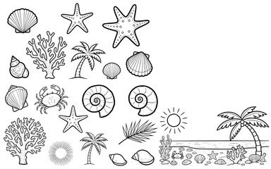 Beach Scene and Ocean Icons: Shells, Starfish, Coral, Crab, Palm Trees, and Sun