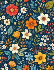 Vibrant Wildflower Tapestry in a Retro Folk Art Style on a Deep Navy Background.