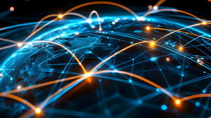 Global network digital globe data connection cyber grid glowing line blue light orange light world map technology internet