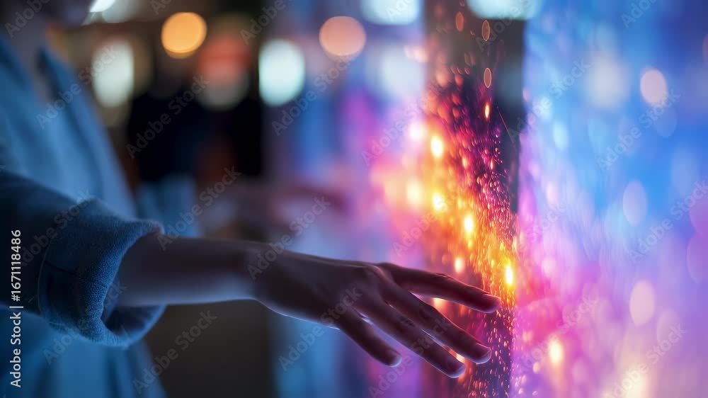 Aufkleber medium frame capturing a person interacting with a transparent touchscreen featuring glowing firewal