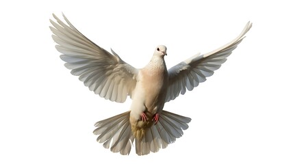 Obraz premium Elegant White Dove in Flight with Wings Spread Wide Against a Clean Background Symbolizing Peace and Hope for Design Projects and Editorial Use