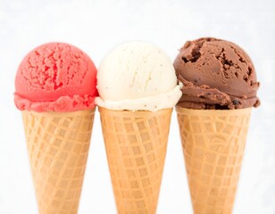Classic trio of strawberry, vanilla, and chocolate ice cream scoops presented in fresh waffle cones on a simple white studio background