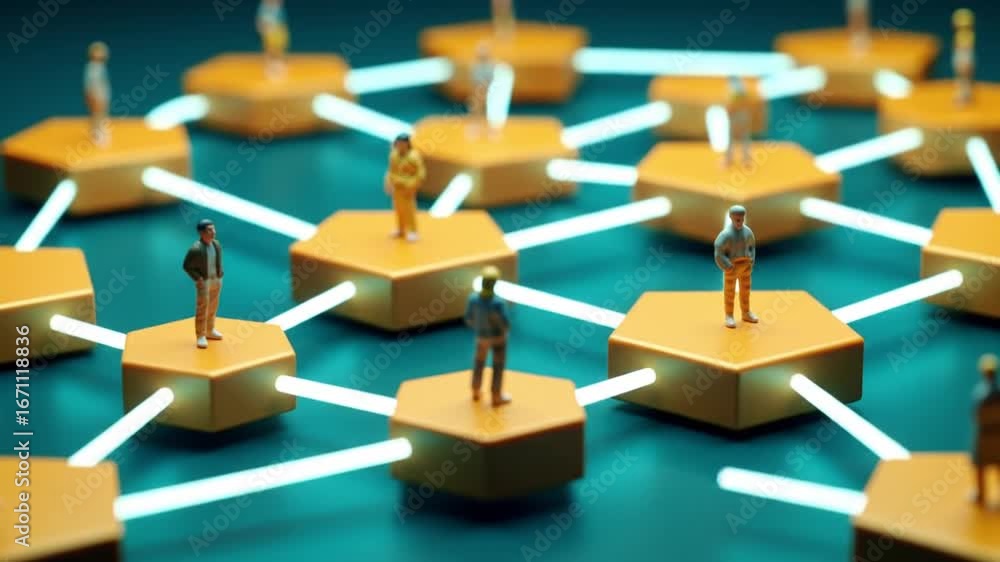 Aufkleber connecting people through hexagonal networks on teal background with glowing lights