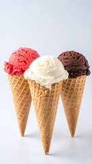 Classic assortment of ice cream scoops in waffle cones. Featuring popular flavors like vanilla, chocolate, and strawberry for a refreshing sweet treat
