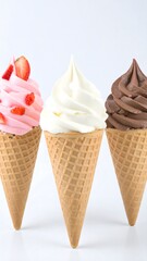 A trio of classic soft-serve ice cream flavors in waffle cones, showcasing vanilla, chocolate, and strawberry on a clean white background
