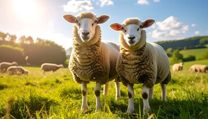Fototapeta premium Two sheep standing in a green meadow on a sunny day, looking directly at the camera with a curious and peaceful mood.