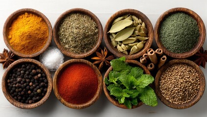 Wooden bowls filled with various spices and herbs