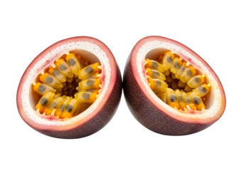 Two halves of a fresh and juicy passion fruit isolated on transparent background, revealing its vibrant pulp and seeds, a tropical delight