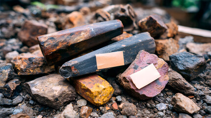 Rusted metal rods and rocks with labels are scattered on gravel surface, showcasing industrial and rugged texture. scene conveys sense of exploration and discovery