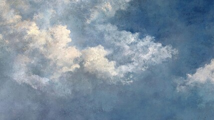 Obraz premium Close-up antique canvas painting—soft gray tones, delicate brushstroke clouds, deep blue gradient background (light to dark transition), no text/graphics; ideal vintage texture for design projects