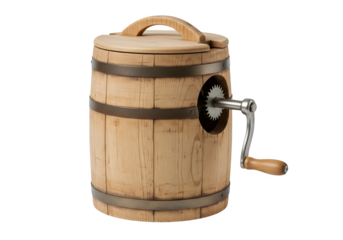 Antique wooden butter churn isolated on transparent background, a rustic farm tool representing traditional dairy production and homemade craftsmanship