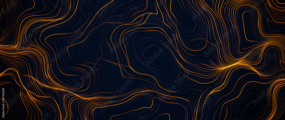 Poster golden lines meander across a dark blue surface, creating a topographic map effect with a sense of d