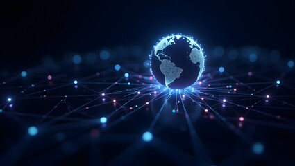 Obraz premium Transparent digital globe surrounded by glowing blue networks lines, representing the interconnection of global markets and the complexity of world economy.
