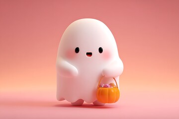 Adorable Halloween ghost carrying pumpkin basket filled with candy, perfect for kids' holiday illustrations