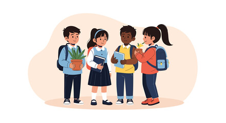 Diverse Group of Elementary School Students Standing Together, Holding Items, Smiling.