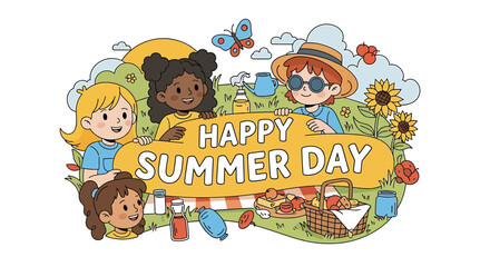 Fototapeta premium Happy Summer Day Illustration with Children, Sunflowers, Picnic Basket, and Butterfly.