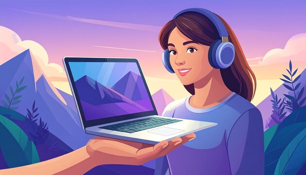 Contemporary flat scene with laptop and wireless headphones in hand, gradient purple background, remote work and digital communication concept for bloggers and podcasters