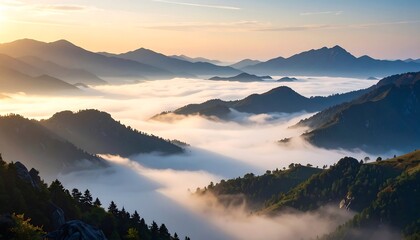 Fototapeta premium Golden light bathes a majestic mountain range as mist fills the valleys during a serene and breathtaking sunrise