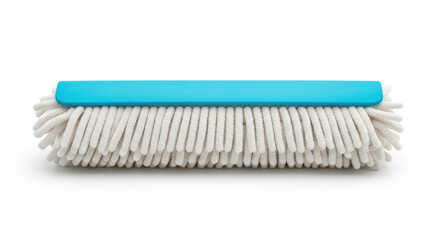 Close up shot of a modern cleaning brush with blue handle and white bristles