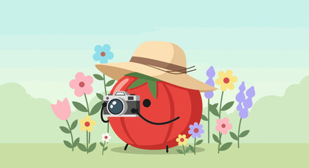 Naklejka premium Tomato Character Capturing The Beauty Of Nature With Its Camera In The Flower Field