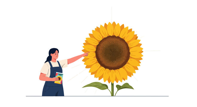 Woman Featuring a Sunflower: Illustration of Education, Horticulture, and Botanical Studies