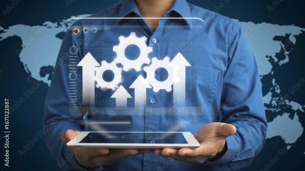 Poster man holds tablet with gears and arrows displayed over world map background