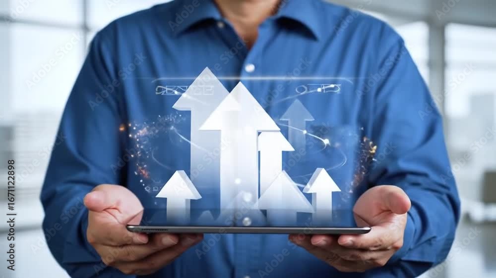 Poster man in blue shirt displaying upward arrows on tablet with data visualization