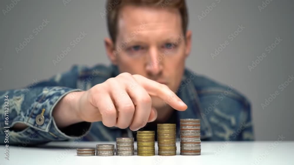Poster man inspecting stacks of coins on white table in studio setting for financial analysis