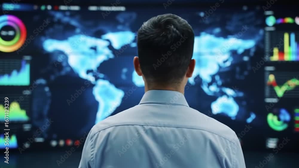 Poster man in light blue shirt viewing world map with graphs and charts on screen