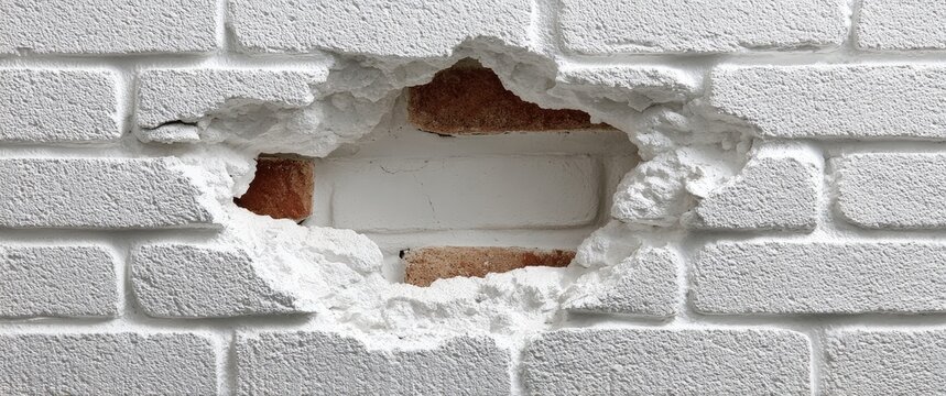 White brick wall with a ragged hole