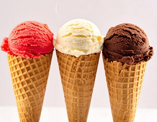 A delicious trio of chocolate, vanilla, and strawberry ice cream flavors in crispy waffle cones on a clean white background