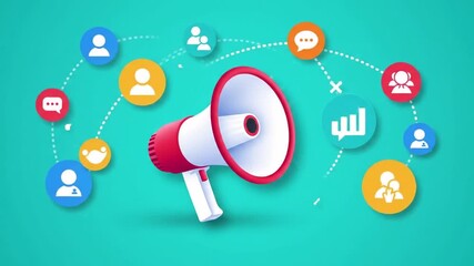Megaphone Surrounded by Communication Icons on an Aqua Background