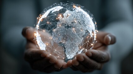 Hands holding a glowing, interconnected Earth