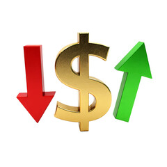 Obraz premium Gold dollar sign with red down arrow and green up arrow isolated on transparent background