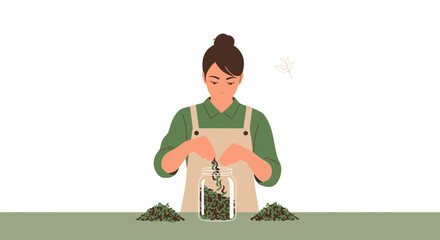 Woman Packing Herbs Into A Jar For Preservation And Future Use