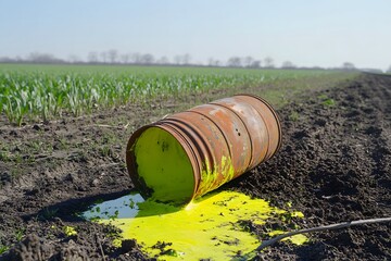 A rusted barrel of toxic chemicals overturned in a field with fluorescent green liquid seeping into the soil 