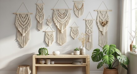 Collection of Macrame Wall Hangings in a Bohemian Style Living Room Interior.