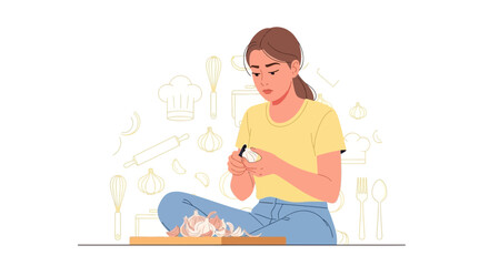Woman Preparing Food, Peeling Garlic, Concept Of Cooking And Culinary Activities
