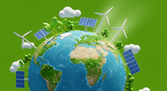 International Day for the Preservation of the Ozone Layer and Earth globe with solar panels and wind turbines against green background showcasing renewable energy - Powered by Adobe