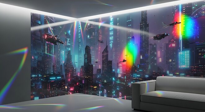 Futuristic City Interior with Holographic Projections.