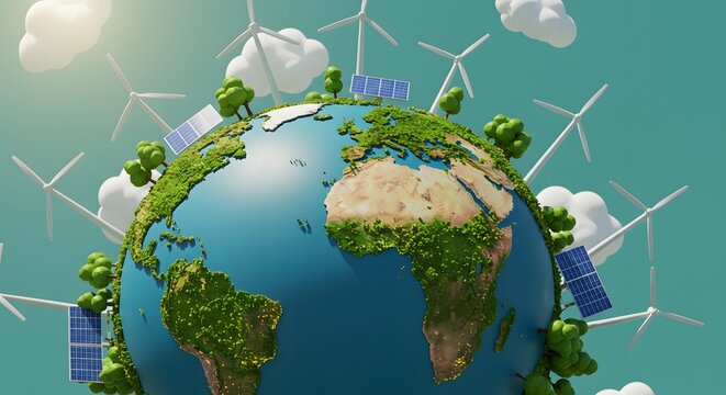 International Day for the Preservation of the Ozone Layer and Earth globe with wind turbines solar panels trees and clouds against a blue sky background illustration