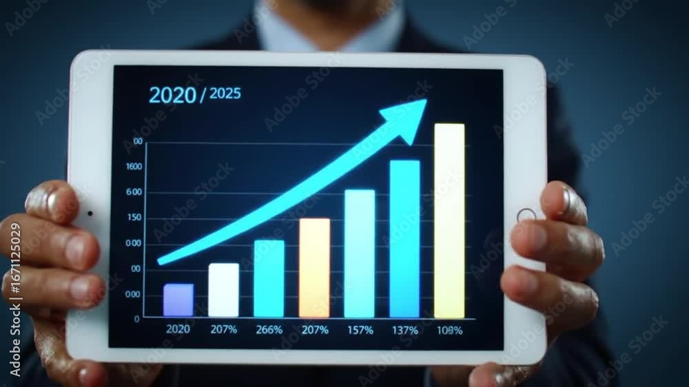 Poster rising bar graph presentation on tablet device held by person in dark background