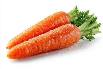 Two fresh carrots with green tops, slightly frosted