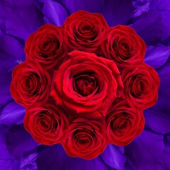 A vibrant bouquet of nine deep red roses, encircled by purple foliage