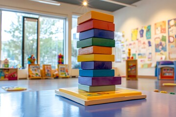 A podium constructed from stacks of colorful playing blocks set in a cheerful kindergarten classroom 
