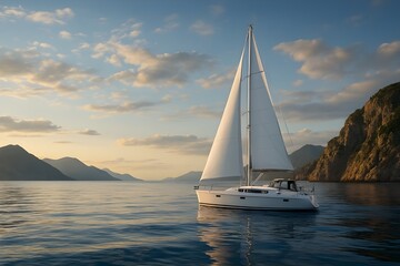 realistic seascape photography featuring a white yacht sailing across a calm blue ocean, surrounded by distant mountains and rocky cliffs under a partly cloudy sky. Soft golden sunlight enhances the c
